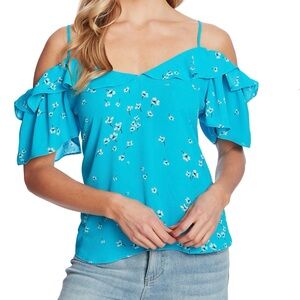 Cece Blue Floral Cold Shoulder Top